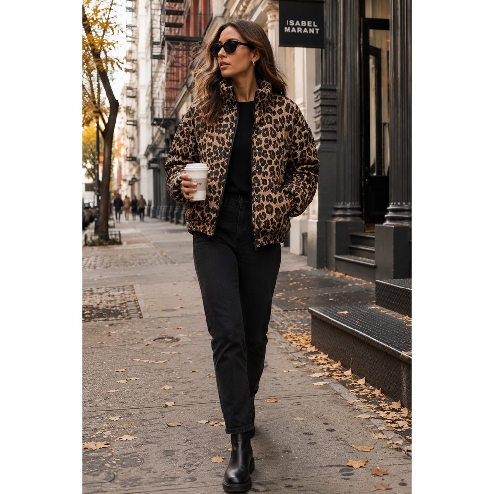Stunt Sports Leopard Print Puffer Jacket M Full Zip Quilted Silk Shell Coat Y2K